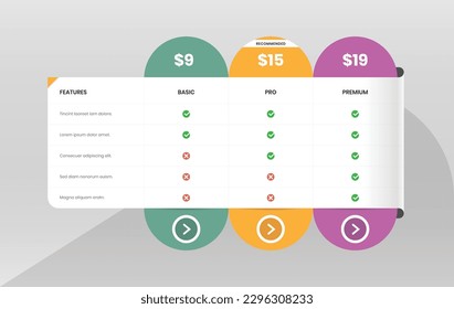 Modern pricing comparison table with check mark and abstract shape for web interface