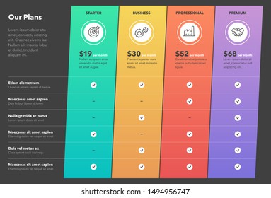 Modern pricing comparison table with four subscription plans and place for description - dark version. Flat infographic design template for website or presentation.