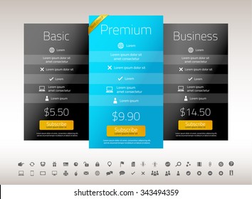 Modern pricing list with one preferred option with yellow corner ribbon. Blue and black color combination. Set of icons included. 