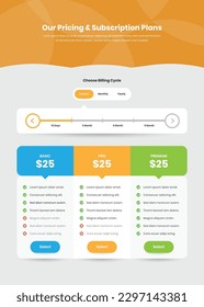 Modern pricing list and subscription plans web template design with custom billing cycle option