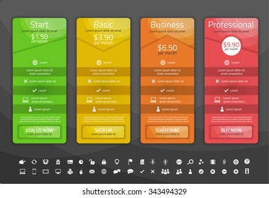 Modern pricing list with tables in four different shapes. Green, yellow, orange and red background. Set of icons included.