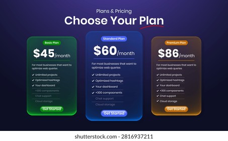 Modern pricing plan tables in liquid glass morphism style for website or mobile app UI UX design. Product plan, price package, subscription, pricing chart comparison table