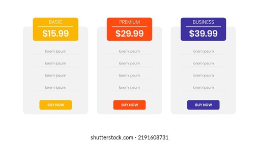 Diseño de una tabla de precios moderna de tres tablas de plan de suscripción de servicio. Plantilla de proyecto de infografía para presentación e informe.	