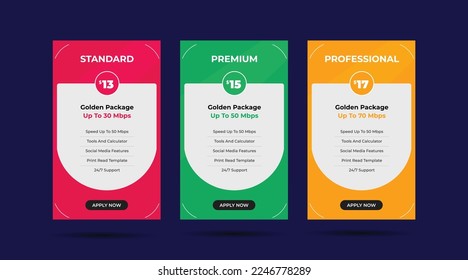 Modern pricing table design with colorful subscription plans, Hosting table banner, Colorful Pricing Table Design