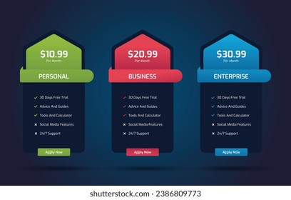 Diseño de tabla de precios moderna con planes de suscripción coloridos, banner de tabla de hospedaje, diseño de tabla de precios coloridos
