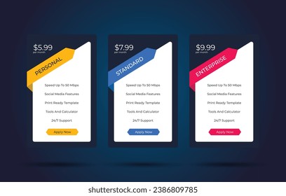 Modern pricing table design with colorful subscription plans, Hosting table banner, Colorful Pricing Table Design