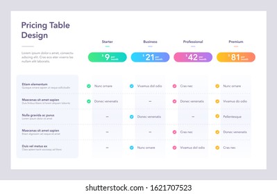 Modern Pricing Table Design With Four Colorful Subscription Plans. Flat Infographic Design Template For Website Or Presentation.