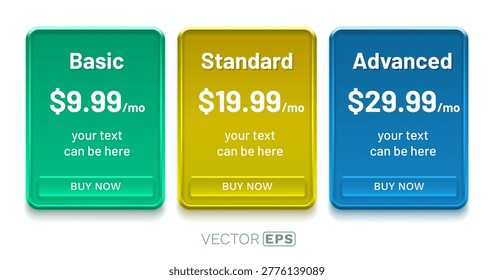 Modern pricing table design with three subscription plans Basic, Standard, Advanced. Perfect for web and UI elements. Vector illustration.