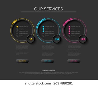 A modern pricing table design for web pages. This web design element features three service plans: Free, Standard, and Premium, offering clear pricing table options.