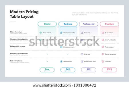 Modern pricing table layout with four subscription plans. Flat infographic design template for website or presentation.