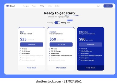 Modern pricing table list website landing page illustration user interface design