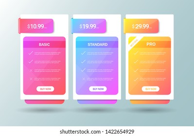 Modern pricing table, plan template . Price list collection for applications or websites. vector illustration.