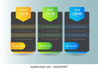Modern pricing table, plan template . Price list collection for applications or websites. vector illustration.