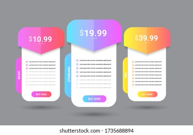 Modern pricing table, plan template . Price list collection for applications or websites. vector illustration.