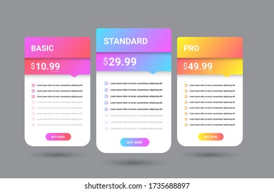 Modern pricing table, plan template . Price list collection for applications or websites. vector illustration.