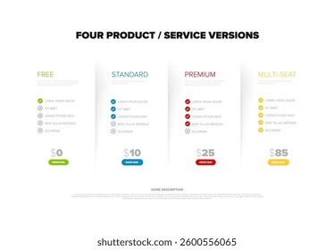 A modern pricing table showcasing four product or service options: Free, Standard, Premium, and Multi-Seat plans. Each plan includes features and pricing details for easy comparison.