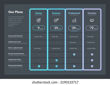 Modern pricing table template with four plans - dark version. Flat infographic design.