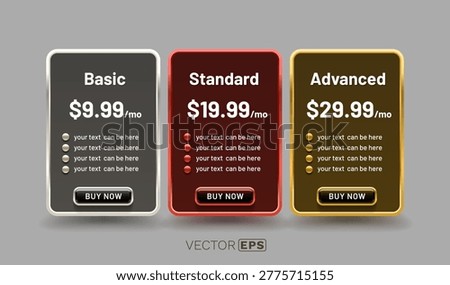 Modern pricing table template with three comparison plans Basic, Standard, and Advanced, featuring Buy Now buttons. Vector illustration