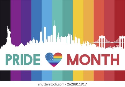 Modern Pride Month artwork with New York skyline and rainbow heart symbolizing freedom and love. Pride month 2025 poster, banner, background, social media campaign