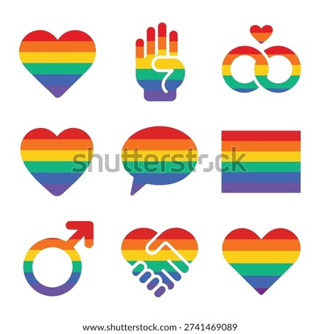 Modern Pride Month LGBTQ Flat Vector Icons Set with Rainbow Gradient, Equality, Diversity, Inclusion and Zero Discrimination