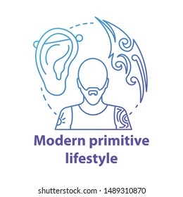 Modern primitive lifestyle blue concept icon. Body modification idea thin line illustration. Man with tattooed body, piercing. Tattoo studio. Vector isolated outline drawing. Editable stroke