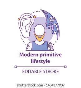 Modern primitive lifestyle concept icon. Body modification idea thin line illustration. Man with tattooed body, piercing. Tattoo studio. Vector isolated outline drawing. Editable stroke
