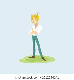 Modern prince in casual clothes and golden crown, funny young man comic character vector Illustration, cartoon style