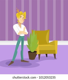 Modern prince in golden crown standing with folded hands, funny young man comic character posing on the background of living room apartment vector illustration, cartoon style