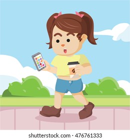 Modern princess walking while holding coffee and mobile phone