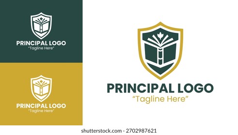 Marca de identidade principal moderna usando uma crista acadêmica abstrata para marca institucional e representação de liderança.
