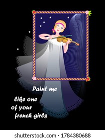 Modern print of clothes for girls with lettering. Abstract portrait of beautiful woman playing the violin. Illustration for decoration, beauty, fashion or musical party. Poster for music concert.