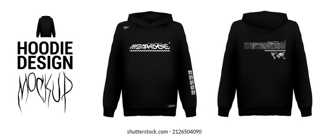 Modern print design hoodie or t-shirt. Vector trendy black futuristic lettering print with abstract elements on black Hoodie. Merch, t-shirt, apparel - print. Translation of Japanese words - paradise