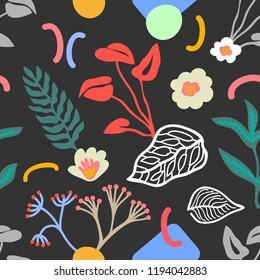 Modern print with Japanese floral motifs. Seamless vector pattern with palm leaves and abstract flowers. On grey background.