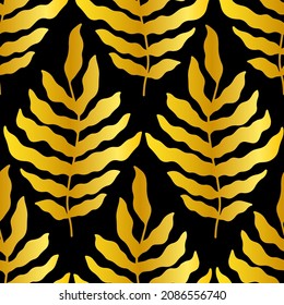 Modern print with leaves. Tropical leaves of gold color on a black background, seamless pattern with branches and leaves. Vector trendy summer illustration.