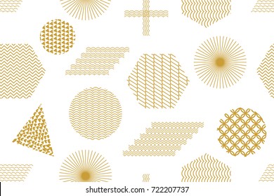 Modern print with parallelograms, crosses, hexagons, triangles and circles. Seamless vector pattern with geometric motifs. Abstract background with golden ornaments. Oriental textile collection.