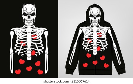 Modern print skeleton for zip hoodie, with hearts in the chest. Stylish print for streetwear, print for t-shirts and hoodies, isolated on black background