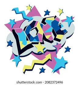 Modern Print with word " Love" in creative style with stars and lightning. Bright coulors. Graffiti. valentine's dayBlue, Yellow, purple, black. Can be used in textile design, posters, paper.