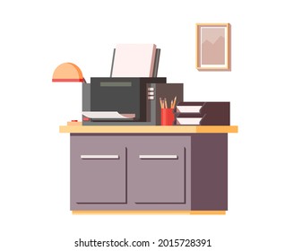 Impresora moderna y suministros de oficina sobre la mesa. Ilustración del vector