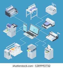 Modern printing house equipment. Printer plotter, offset cutting machines isometric vector concept