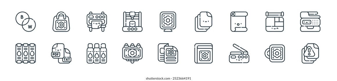 modernes Drucksymbolpaket. perfekt für lineare ui-Designs mit Vektorgrafiken aus Papier, Becher, Scanner, Buchumschlag, Faltblatt, Reklametafel, Tintenflasche und mehr Symbolen für mobile und Web-Apps.