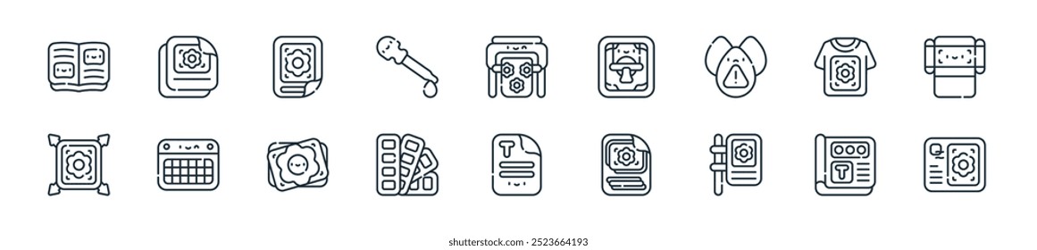 modern printing icon pack. perfect for linear ui designs featuring vector postcard, magazine, pennant, print, text, color palette, photo and more icons for mobile and web apps.