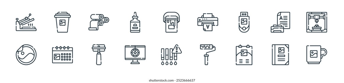 modern printing icon pack. perfect for linear ui designs featuring vector mug, book, poster, paint roller, ink level, calibration, brayer and more icons for mobile and web apps.