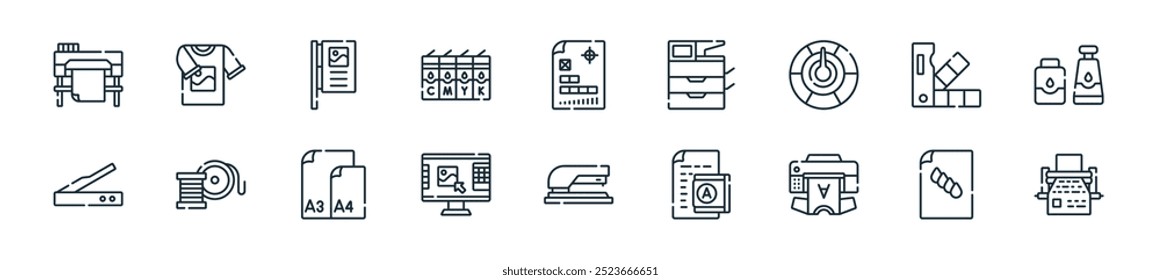 pacote de ícones de impressão moderna. perfeito para projetos de ui lineares com impressão vetorial, cmyk, impressora dtg, lupa, grampeador, software, tamanho de papel e mais ícones para aplicativos móveis e web.