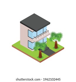 Modern private house with floor to ceiling windows and tropical treees isometric icon vector illustration