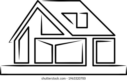 Modern private house. Several continuous single drawn lines. Linear minimal drawing logo.Line art icon.