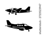Modern Private Jet and Twin Engine Turboprop Airplane Silhouettes for Aviation Logistics Business Travel and Aerospace Industry Graphics