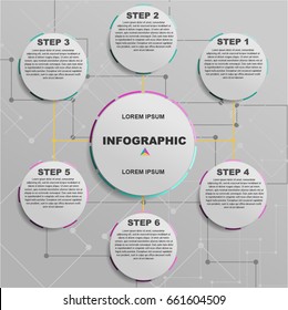 Modern process chart business infographic. Steps of creative process. Vector illustration. 6 step process chart infographics. Template vector corporate info graphic. High quality. Grey background
