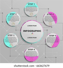 Modern process chart business infographic. Steps of creative process. Vector illustration. 6 step process chart infographics. Template vector corporate info graphic. High quality. Grey background