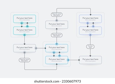 Plantilla moderna de diagrama de flujo de procesos con tres secciones principales. Diseño de infografía plana con líneas delgadas para la presentación de sitios web o datos.