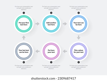 Modern process flow infographic template with six colourful stages. Presentation diagram divided into six circle elements successively connected.